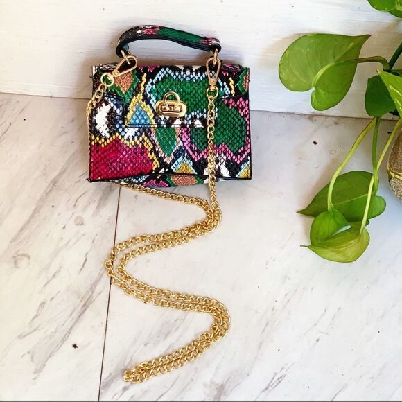Colorful Snakeskin Top Handle Bag | Multicolor Mini Satchel Purse - Picture 4 of 8